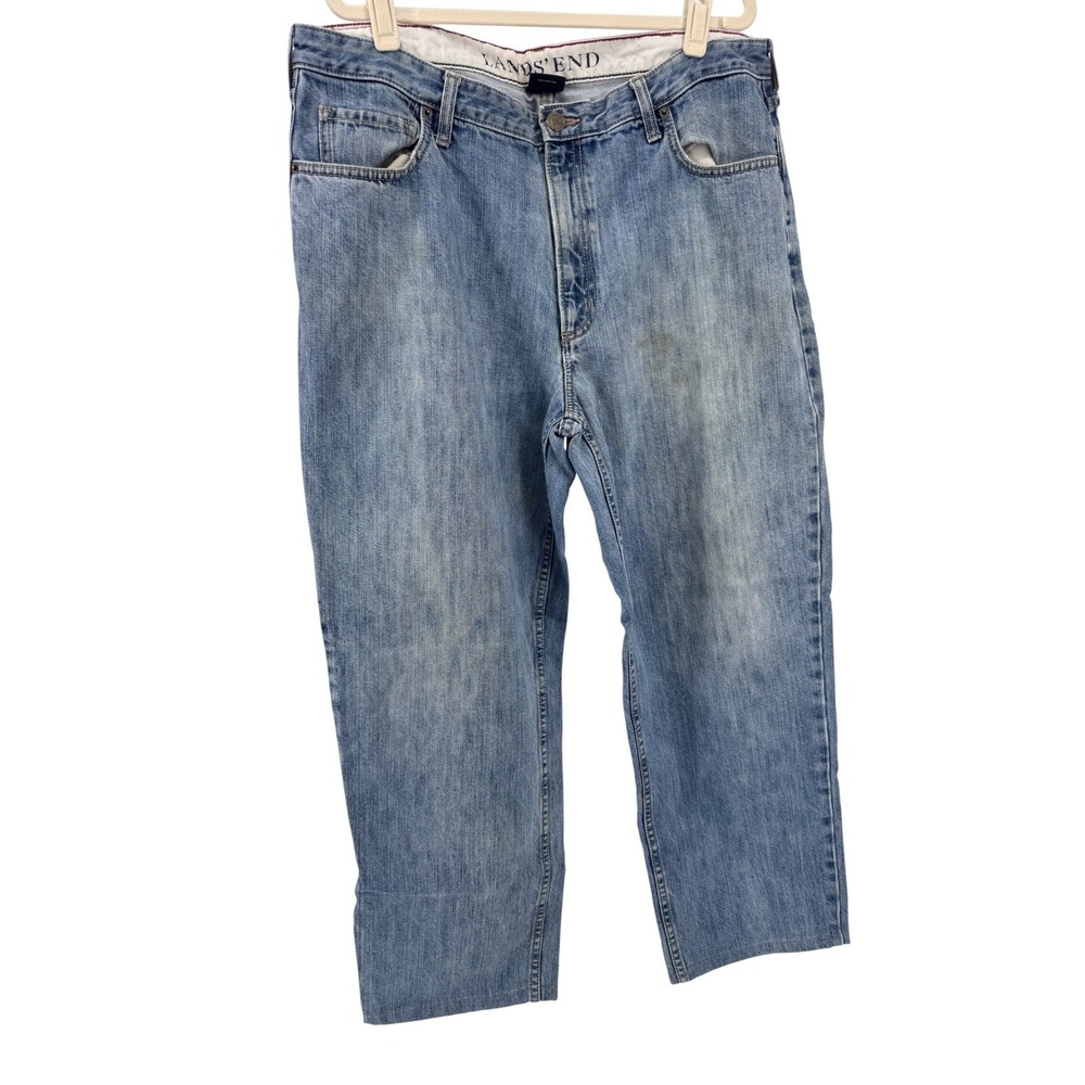Lands End Jeans Mens 38 Relaxed Fit Slightly Tapered Leg Blue Distressed